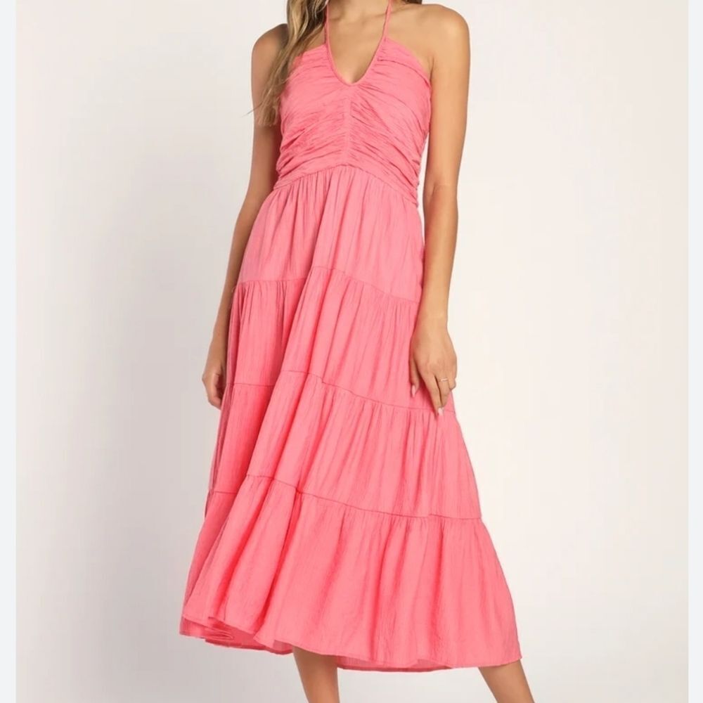 Lulus Chasing Sun Pink Tiered Keyhole Halter Midi Dress Size XL